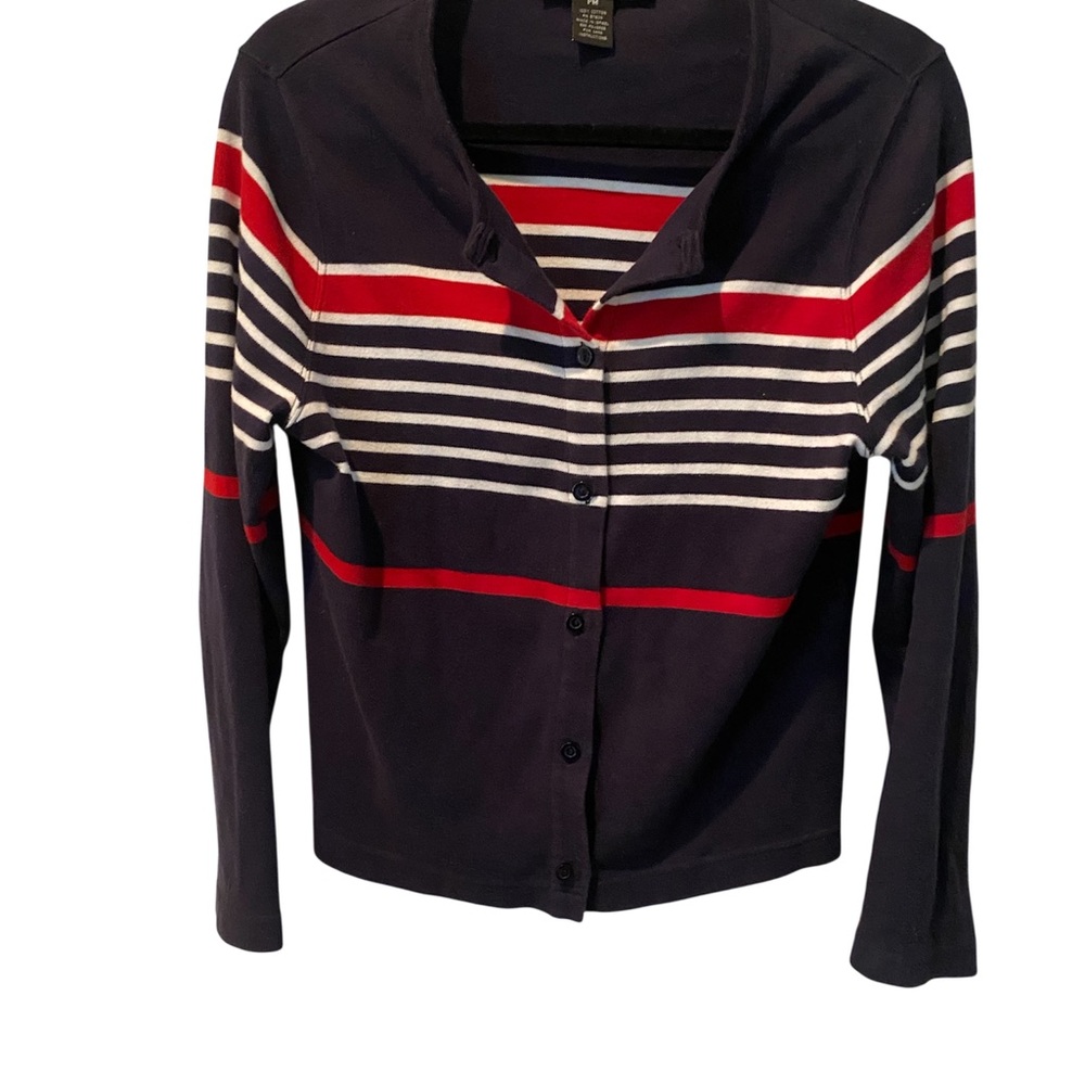 Norton Studio Striped Navy Cardigan with Red and White Accents